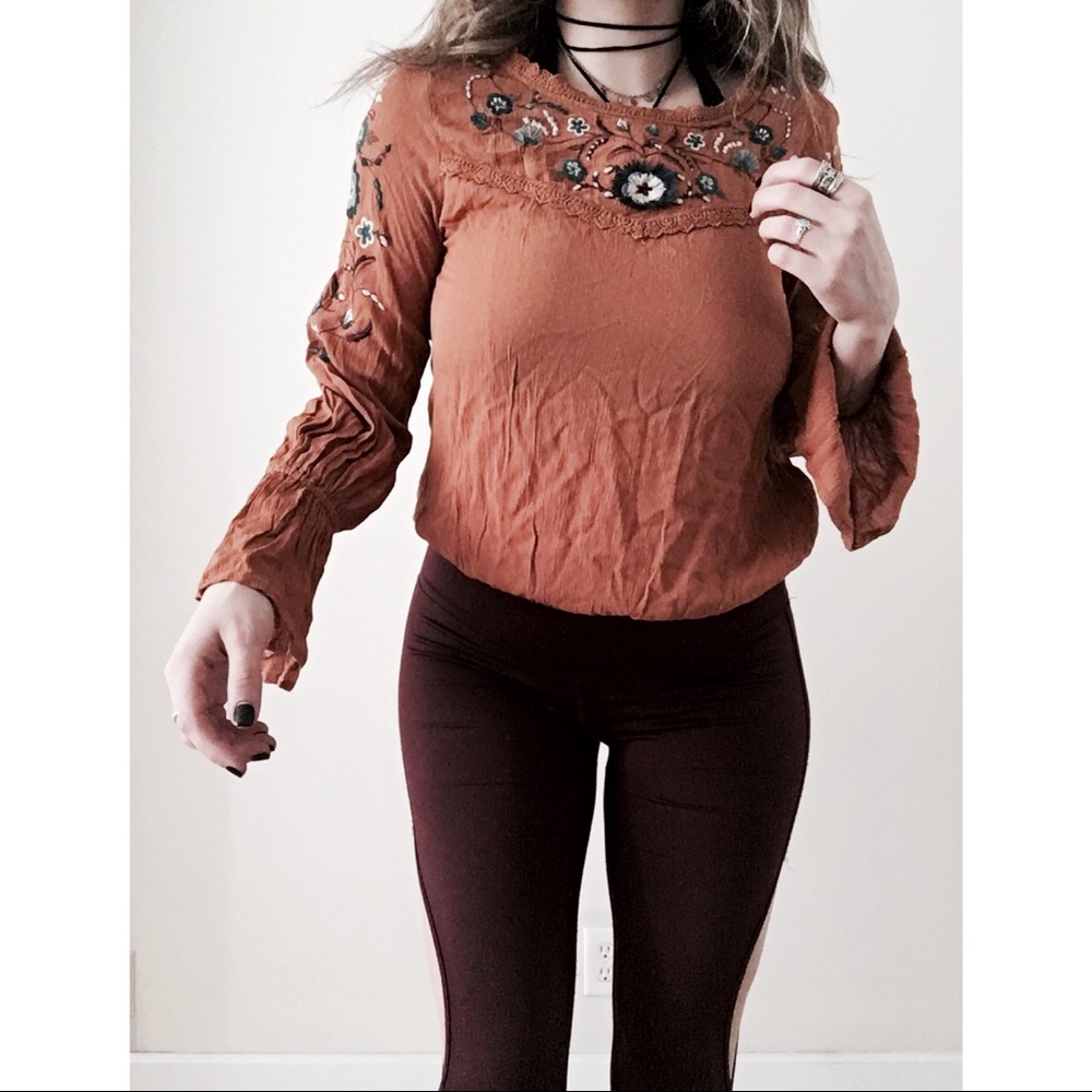 Boho Floral Embroidered Bell Sleeve Peasant Blouse